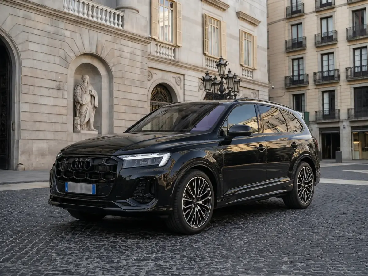 Audi Q7 50 TDI S-Line Edition 2025, perfil lateral — Marbella Super Car Rental, Marbella. El Audi Q7 50 TDI S-Line Edition de 2025 combina la amplitud de un gran todoterreno con…