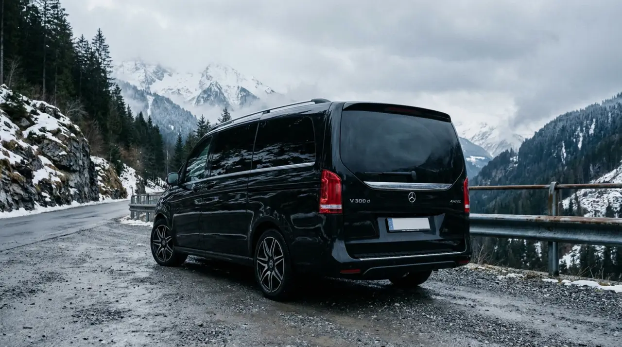 Mercedes Benz V300 8 seats 2025, front view — Marbella Super Car Rental, Marbella. Mercedes Benz V300 8 seats in Marbella Hiring the Mercedes Benz V300 8 seats in Marbella…